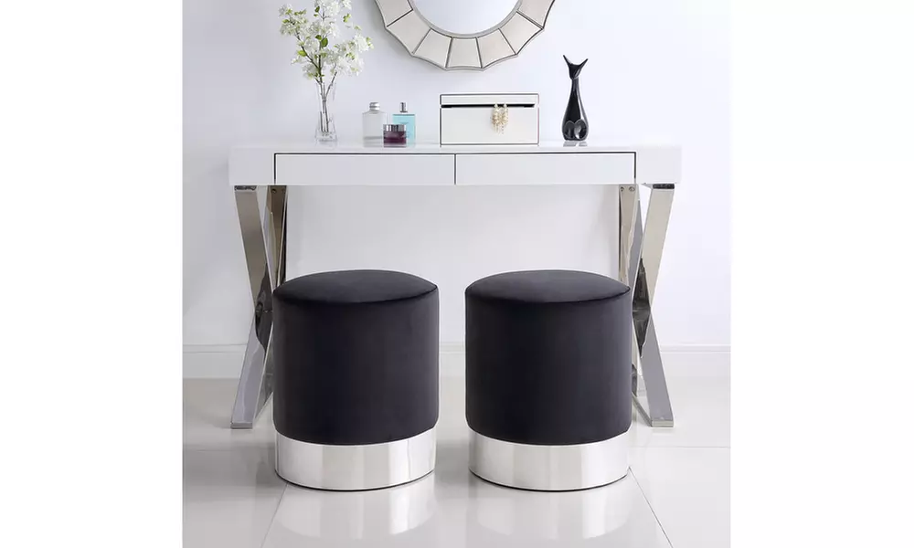 Sadie Velvet Round Ottoman with Metal Base  - Primary Image