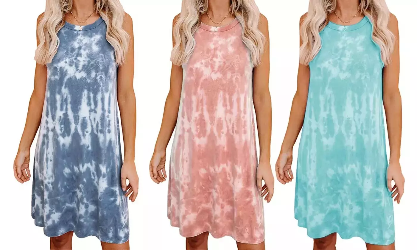 Women Sleeveless Tie-Dye Printed Loose Vest General Tank Beach Sundress M-2XL - Primary Image