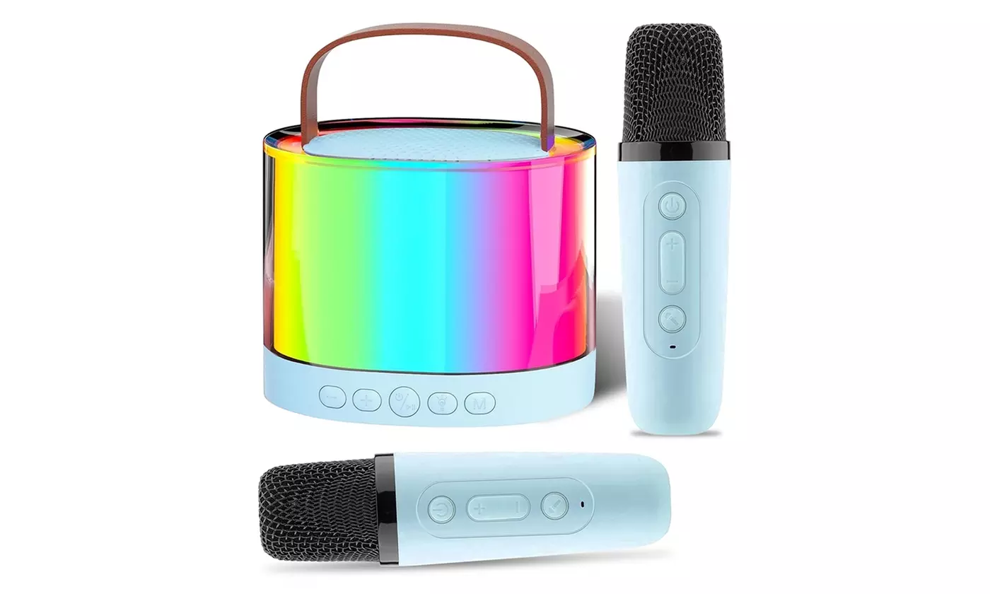 iMounTEK Mini Karaoke Machine with Two Wireless Mics, RGB Lights and Sounds