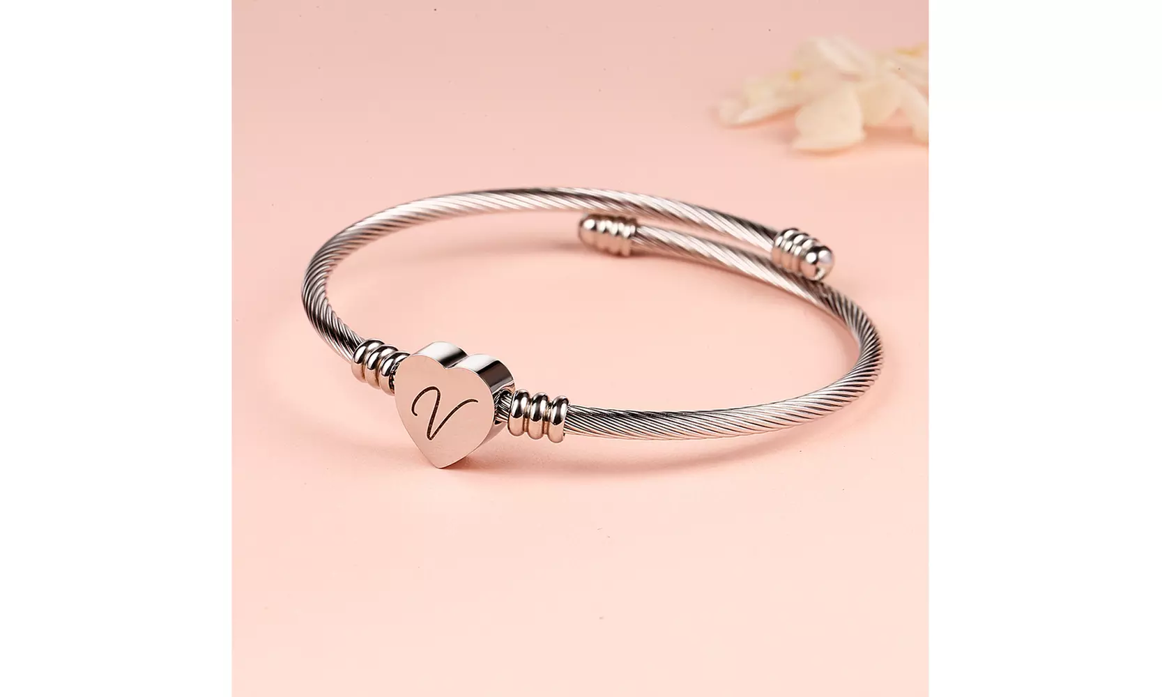 Twisted Steel Heart Cable Initial Bracelet