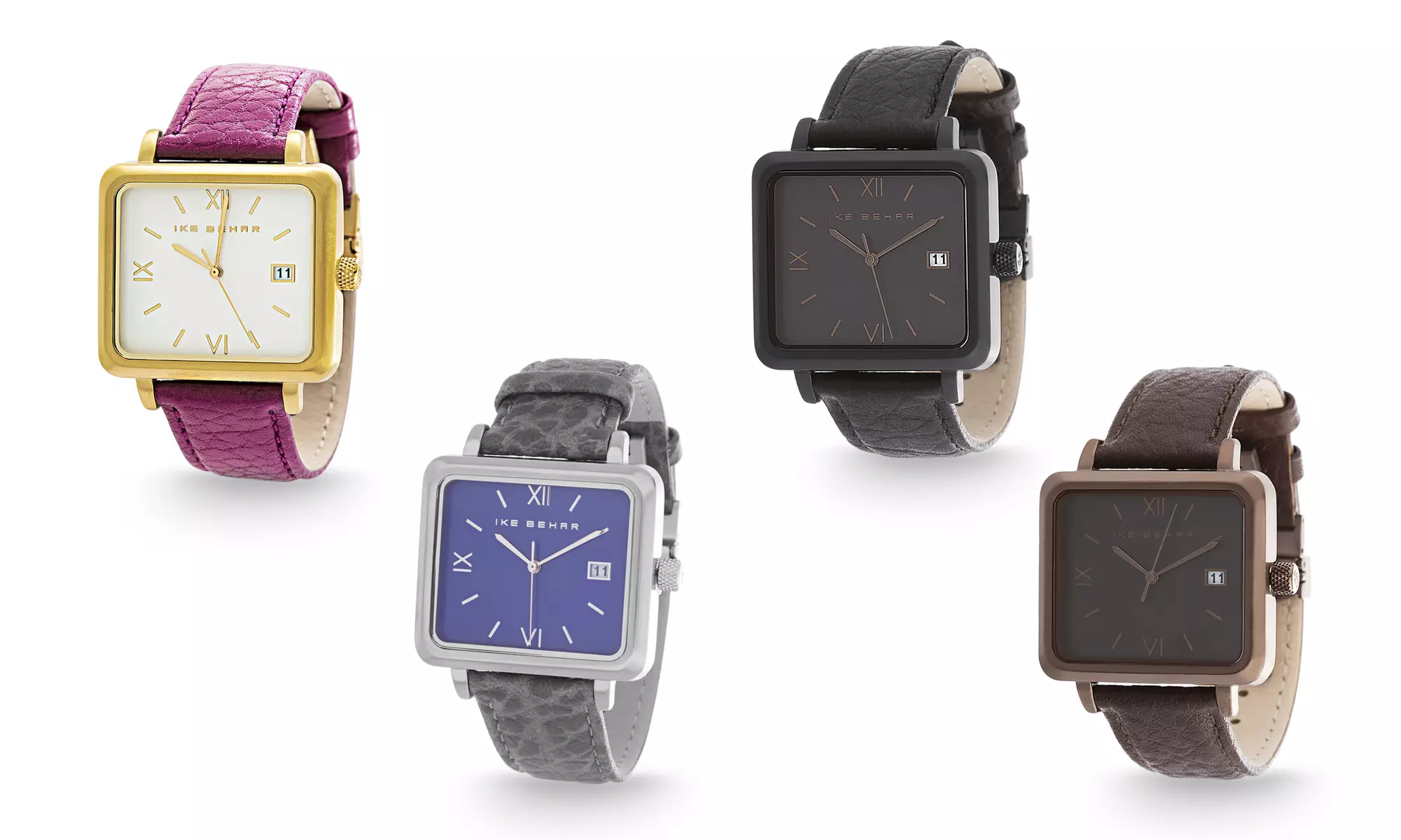 Ike Behar Ladies Square Stainless Steel Case Leather Band Watch - Primary Image