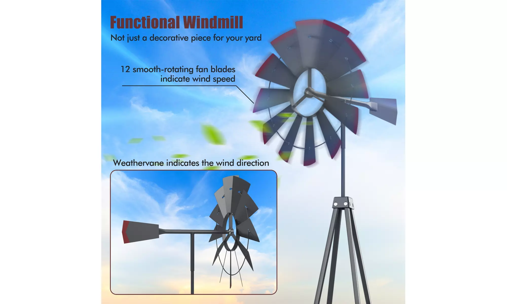 Costway 8Ft Tall Windmill Ornamental Wind Wheel Silver Garden Weather Vane