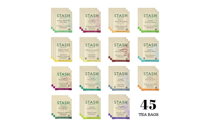 Stash Organic Tea Bags Sampler Assortment Variety Pack - 45 Count - in Gift Bag