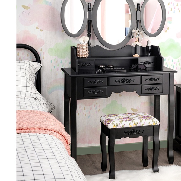 Vanity Makeup Set W 7 Drawer Tri Folding Mirror Dressing Table Stool Set2color Groupon