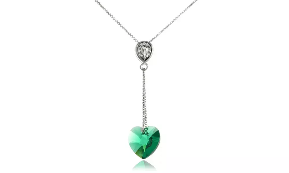 Dark Green Heart Drop Necklace in Sterling Silver Made w/ European Crystals - Primary Image