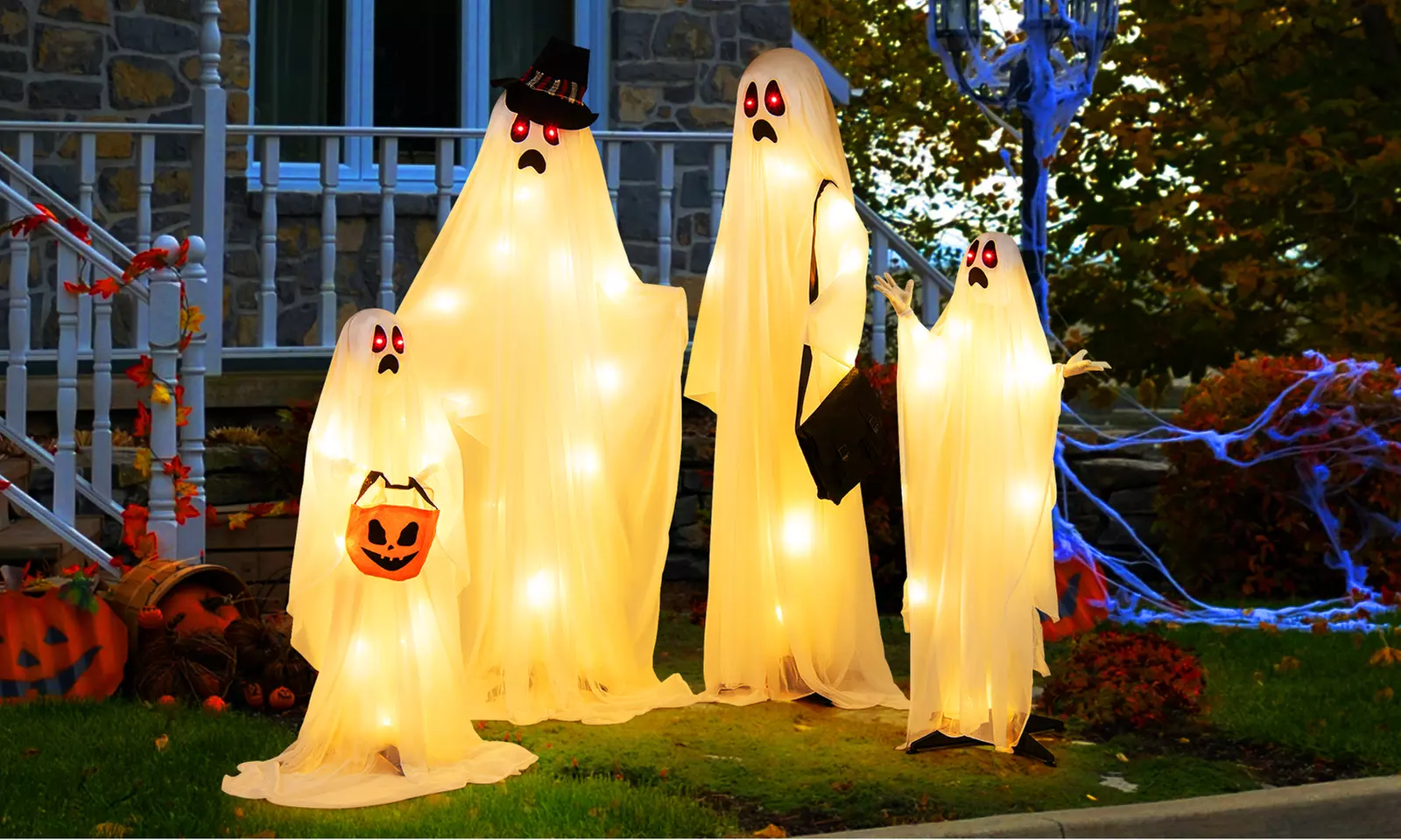 Costway 4 PCS Halloween Light up White Cloth Ghosts Life-size Standing Ghost