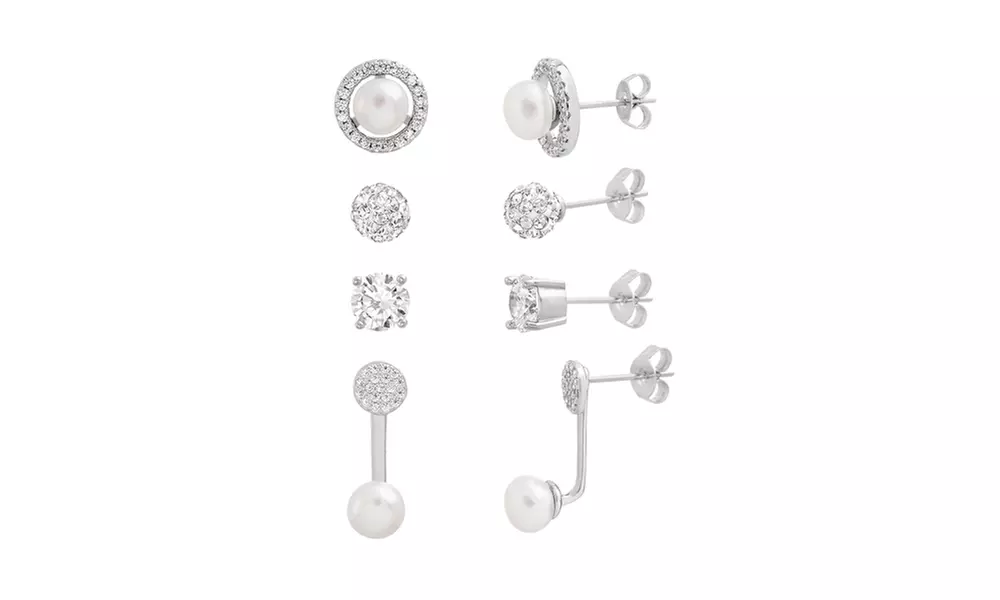 Nina & Grace Pearl & Cubic ZIrconia Fireball  Front to Back 4-PC Earring Set - Second Medium