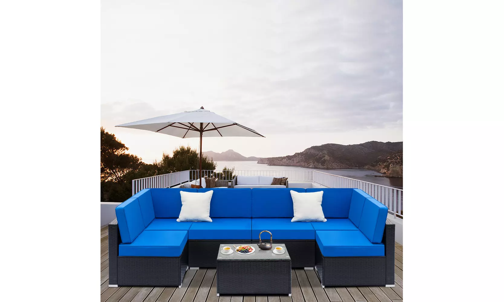 7PCS Furniture Sectional PE Rattan Patio Rattan Sofa Set with Blue Cushions - Primary Image