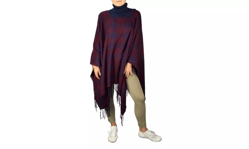 Cowl Neck Plaid tartan Winter Poncho Sweater Pullovers - Primary Image