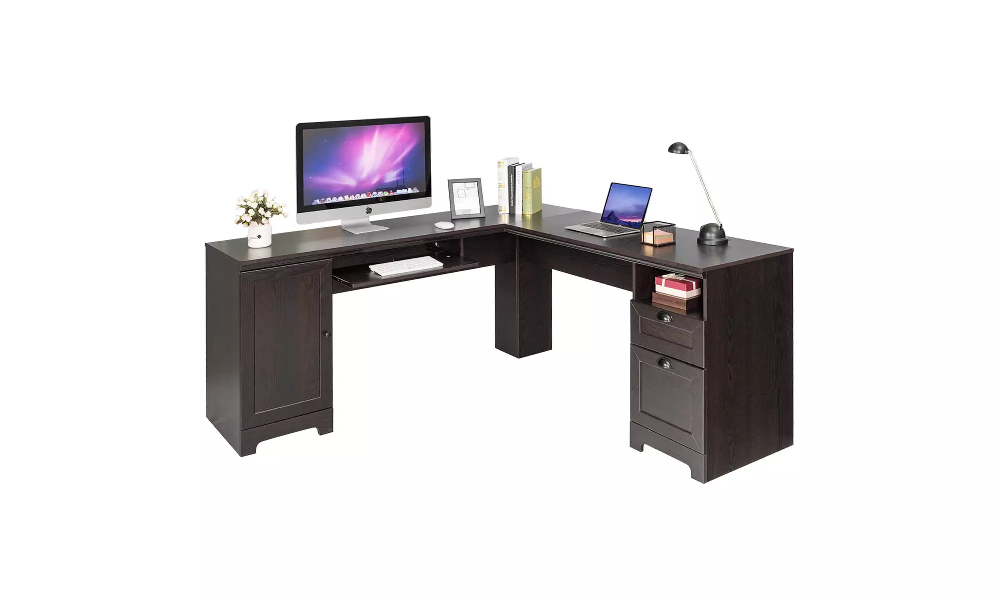 L-Shaped Corner Computer Desk Writing Table Study Workstation w/ Drawers Storage - Primary Image