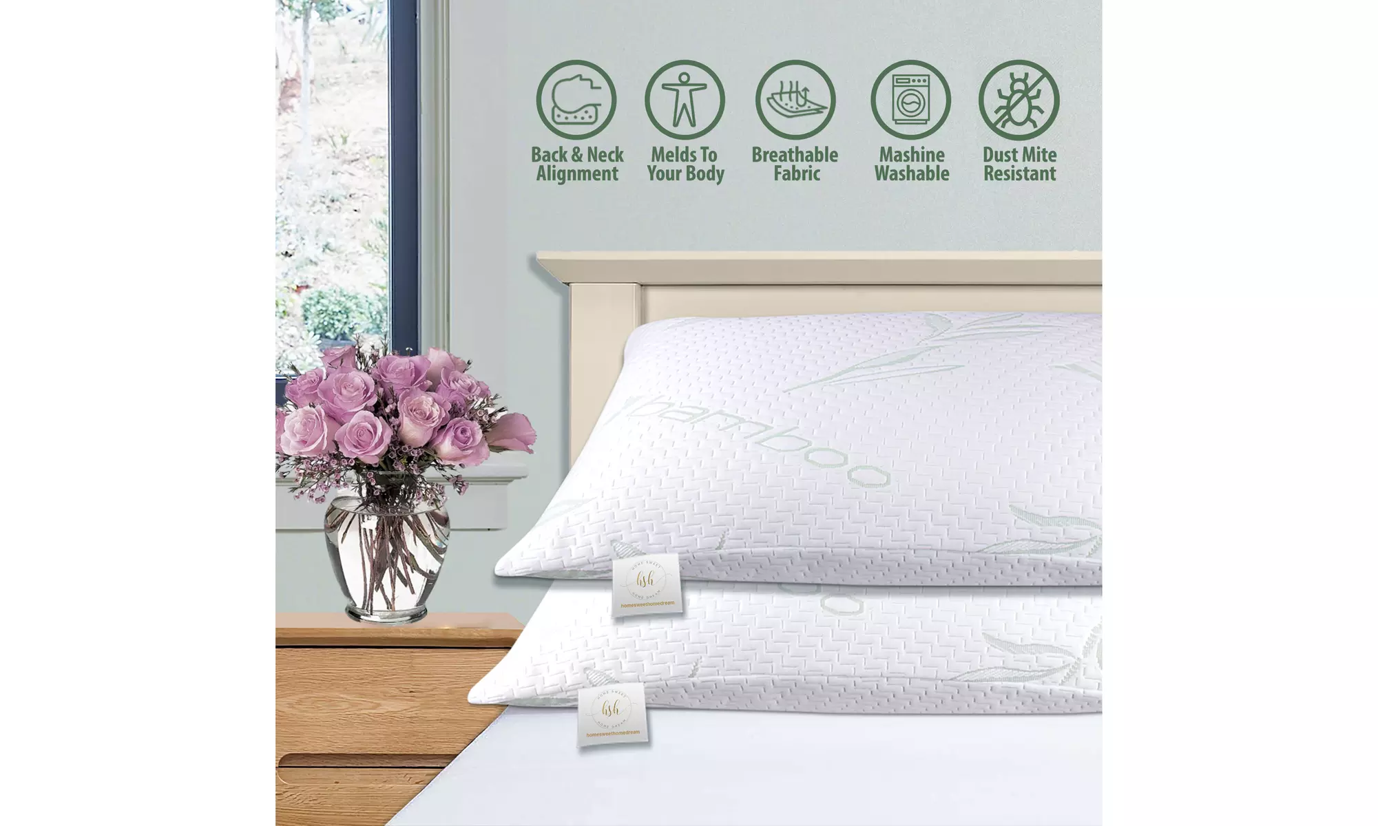 2 Pack Hypoallergenic Memory-Foam Bamboo-Blend Pillows