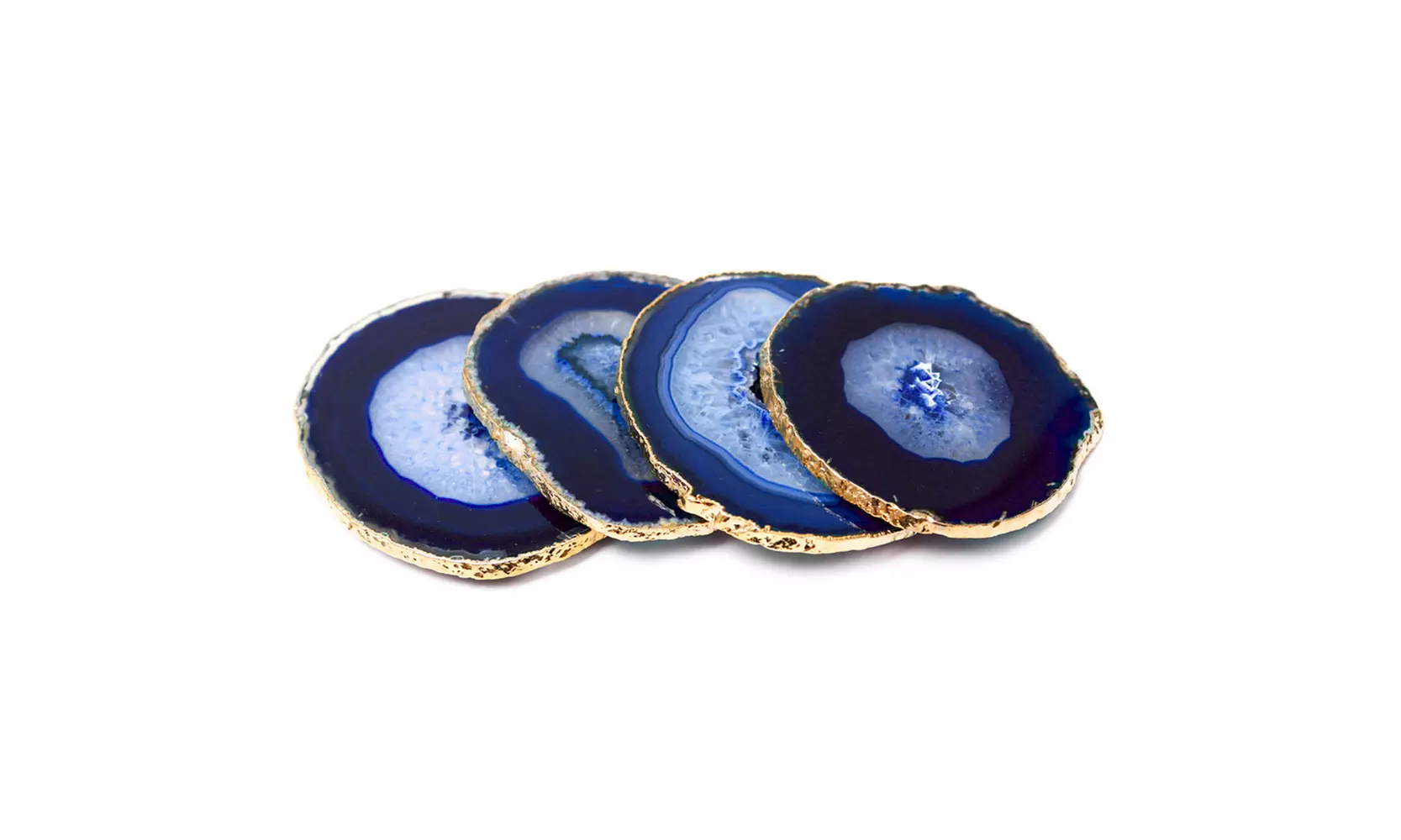 Modern Home Set of 4 Natural Agate Stone Coasters w/ Gold/Silver Edge - Second Medium