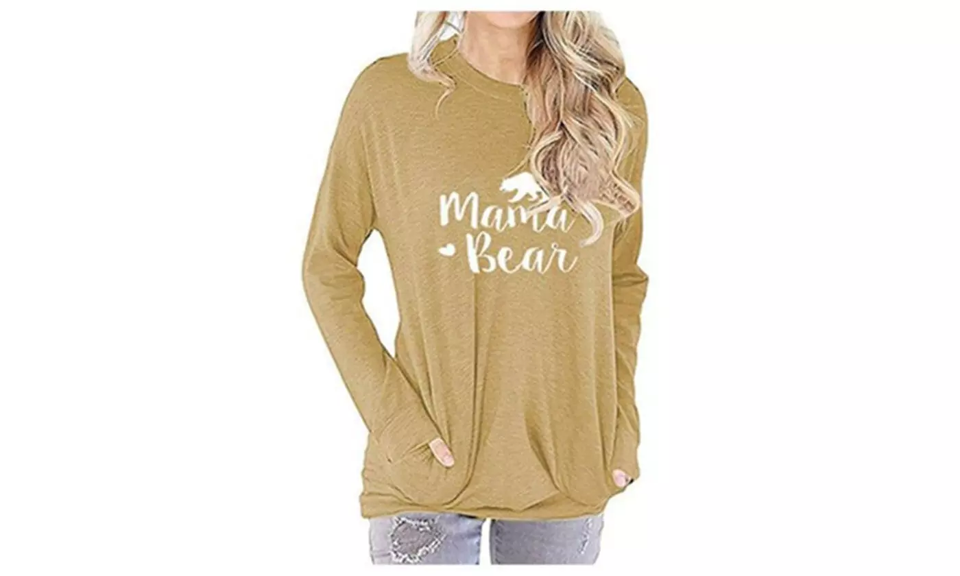 Women Long Sleeve Print Mama Bear Crew Neck Elbow Patch Top - Second Medium