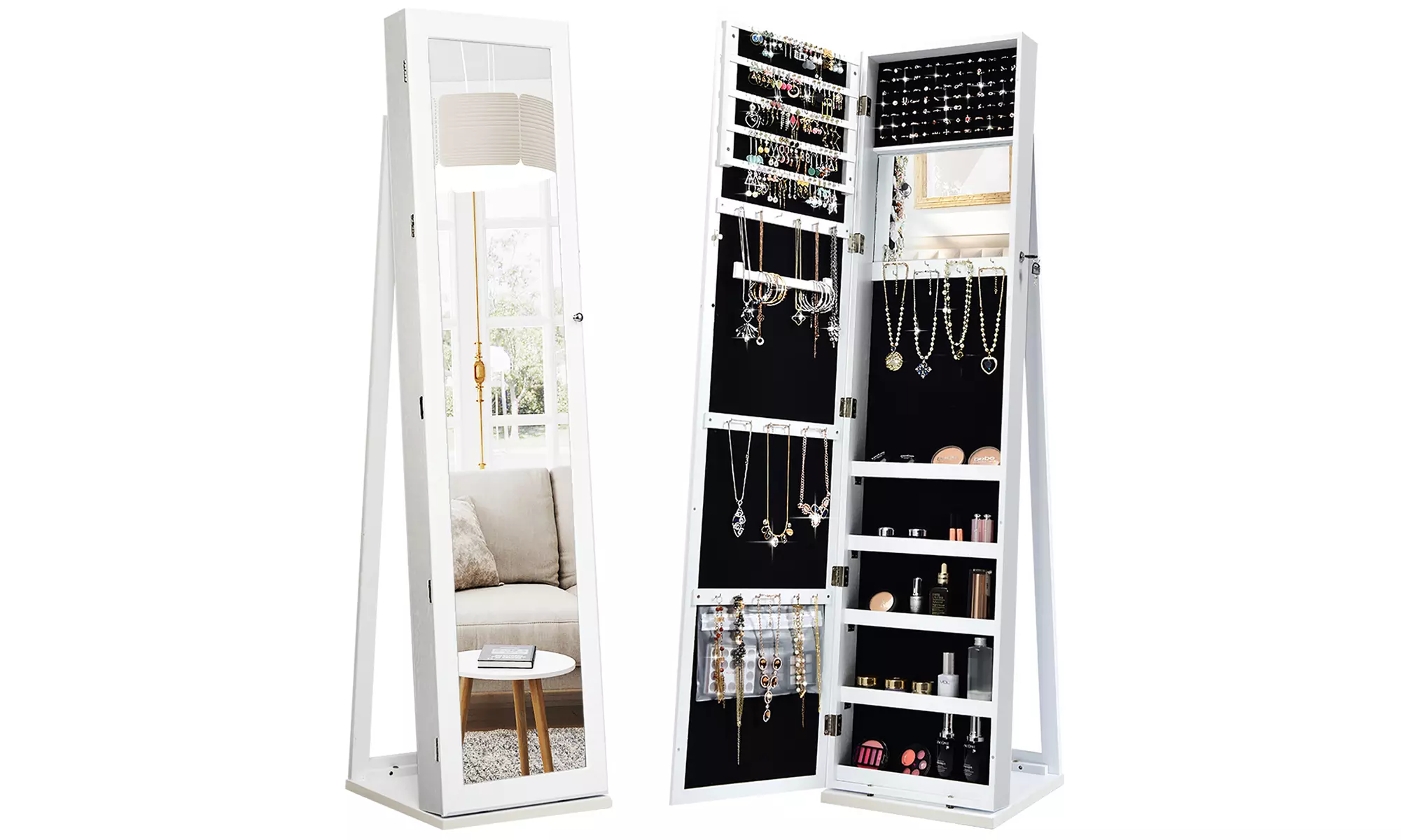 Costway Mirrored Jewelry Cabinet Lockable Standing Storage Organizer W/ Shelf - Primary Image