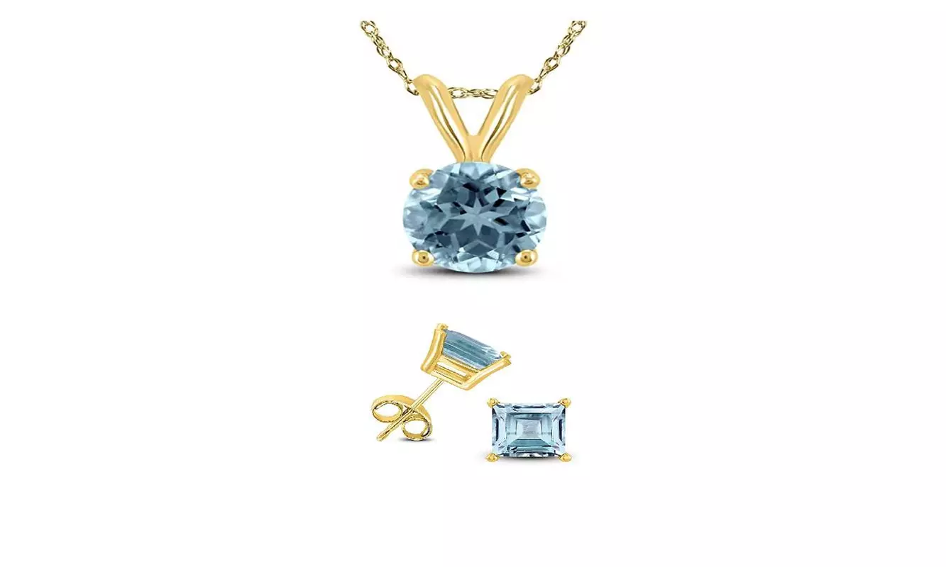 18K Yellow Gold Aquamarine Round 18 Inch Necklace and Square Earrings Set Plated