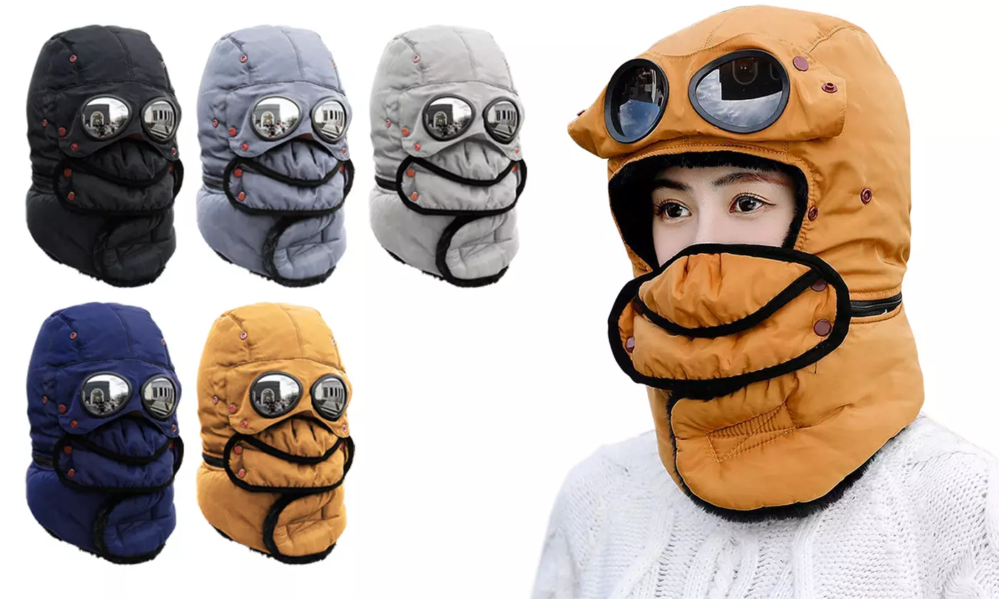 Full Face Thermal Winter Aviator Hat with Goggles Glasses Windproof Cap - Primary Image