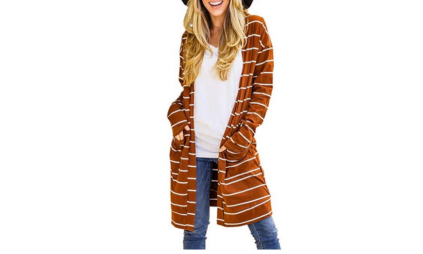 Image 8: Women Striped Cardigan Open Front Long Sleeve Knit Sweaters Coats 