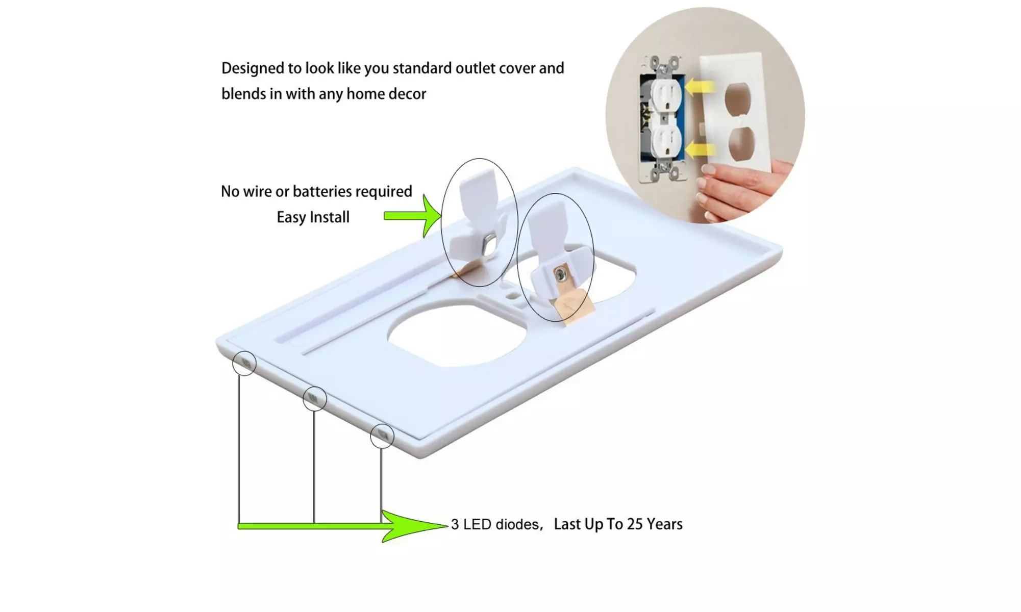 2 Wall Outlet LED Night Light Easy Snap On Outlet Cover Plate No Wires - Second Medium