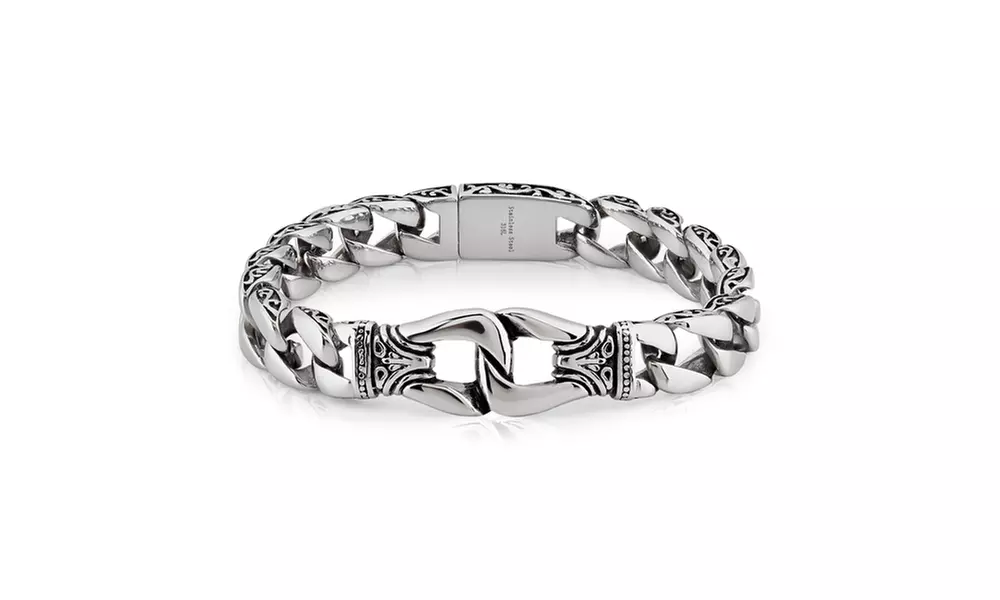 Men's Stainless Steel Fleur de Lis Curb Chain Bracelet - Primary Image