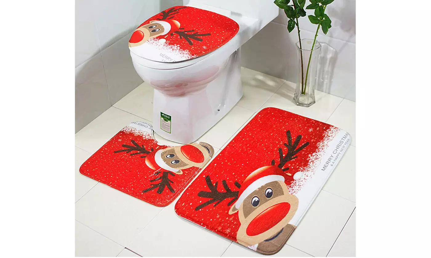 3pcs Christmas Toilet Seat Cover Rug Set Santa Claus Bathroom Mat Xmas Decor