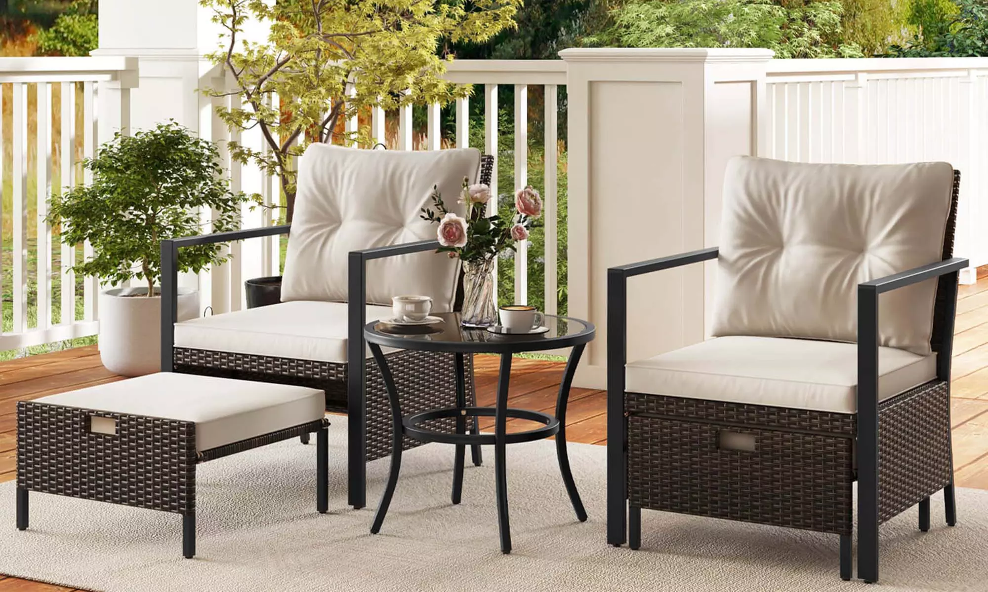 Costway 5 PCS Outdoor Furniture Set Rattan Chairs & Ottomans with Coffee Table