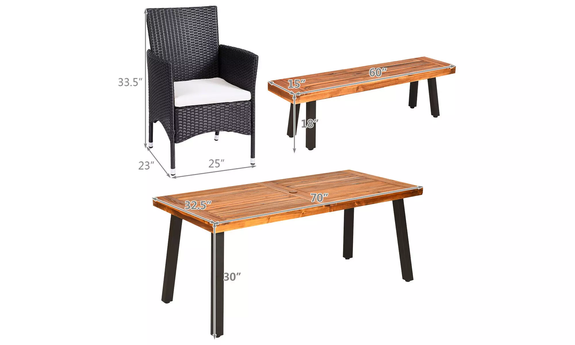 5 -Piece Acacia Wood Dining Set w/2 Wicker Chair 2 Bench Umbrella Hole