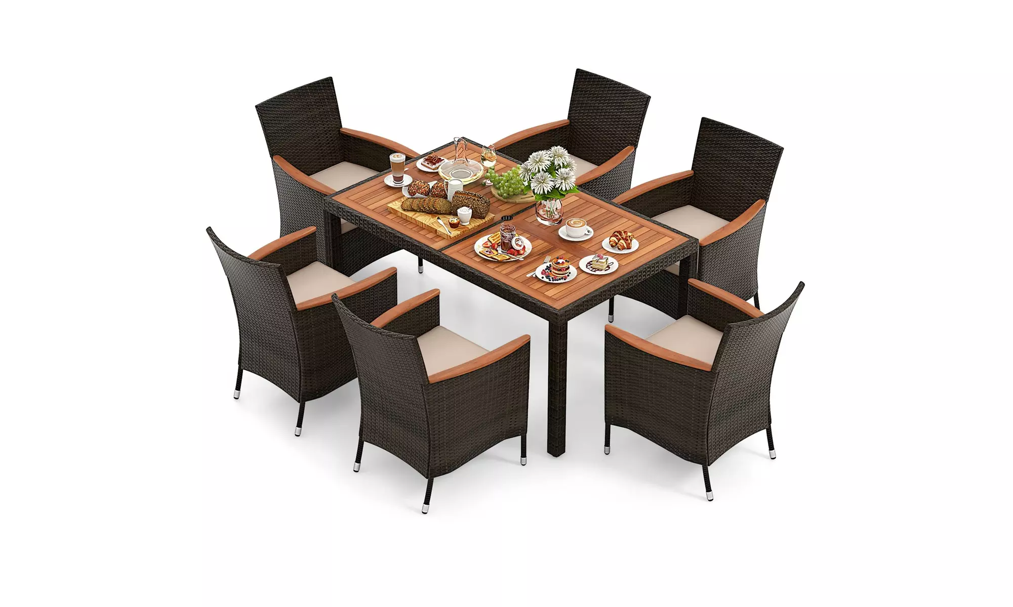 Costway 7 Pieces Outdoor Wicker Dining Set with Acacia Wood Table and 6 Chairs