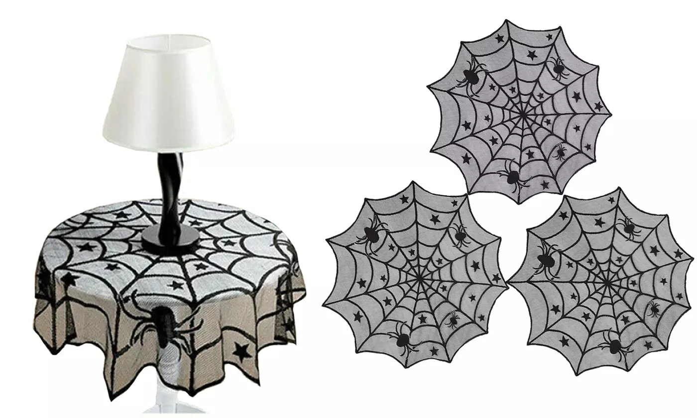 1-3 Pack Halloween Spider 40 inch Round Polyester Lace Table Topper Tablecloth  - Primary Image