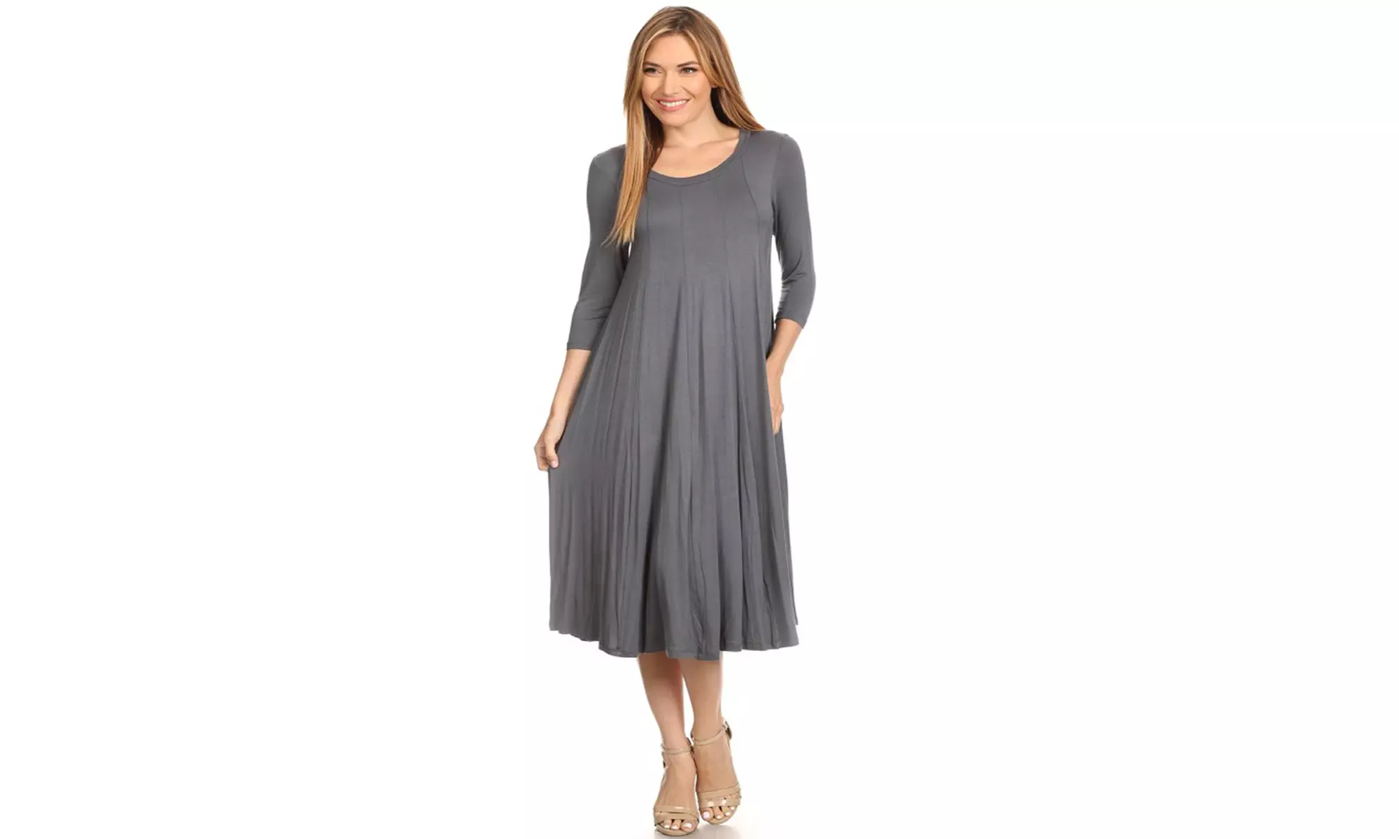 Women's Solid Casual Comfy 3/4 Sleeve Loose Fit A-line Midi Dress