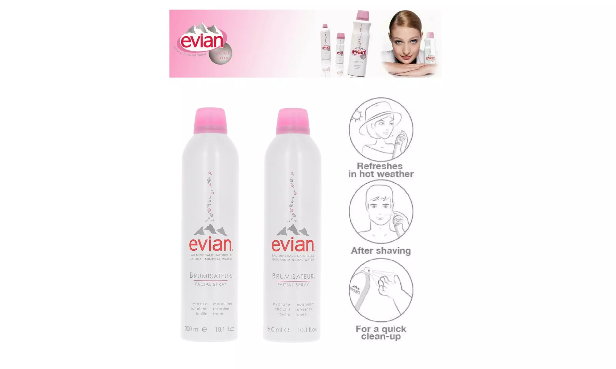 2 Pack -  Evian Natural Mineral Water Facial spray 300ml (10 oz) Each - Primary Image