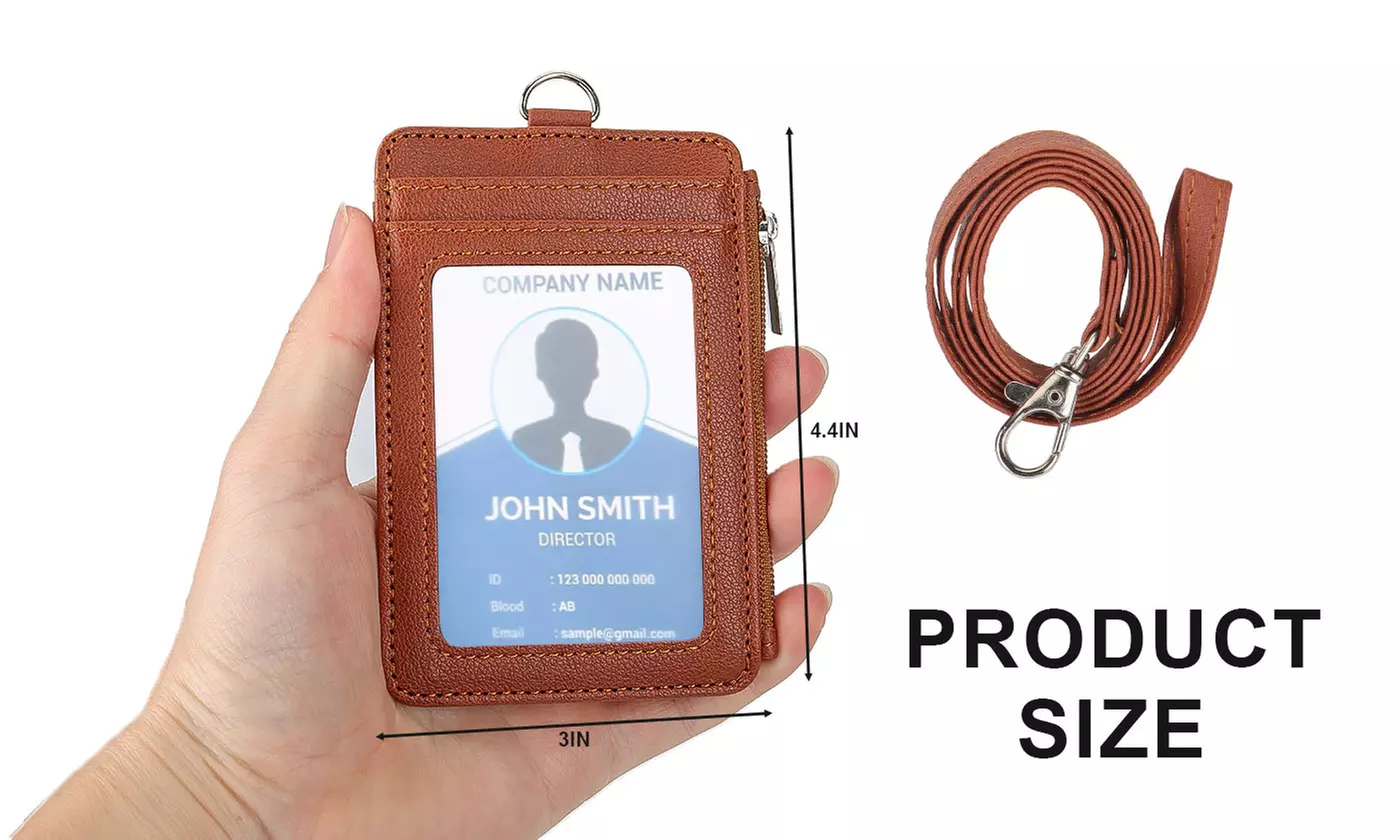 PU Leather Detachable Neck Lanyard ID Badge and Card Holder