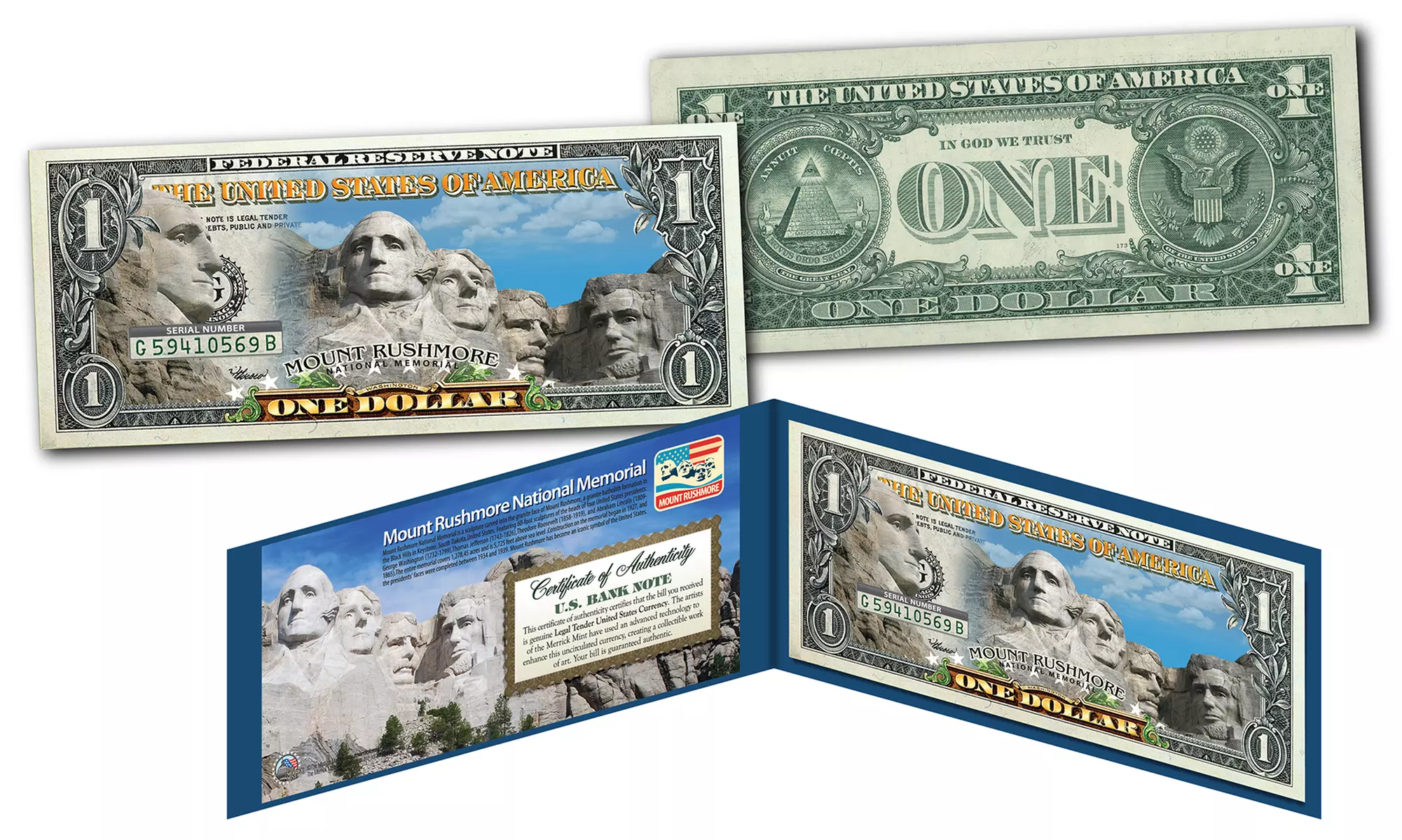 Mt. Rushmore National Memorial Colorized U.S. 1 or 2 Dollar Bill - Primary Image