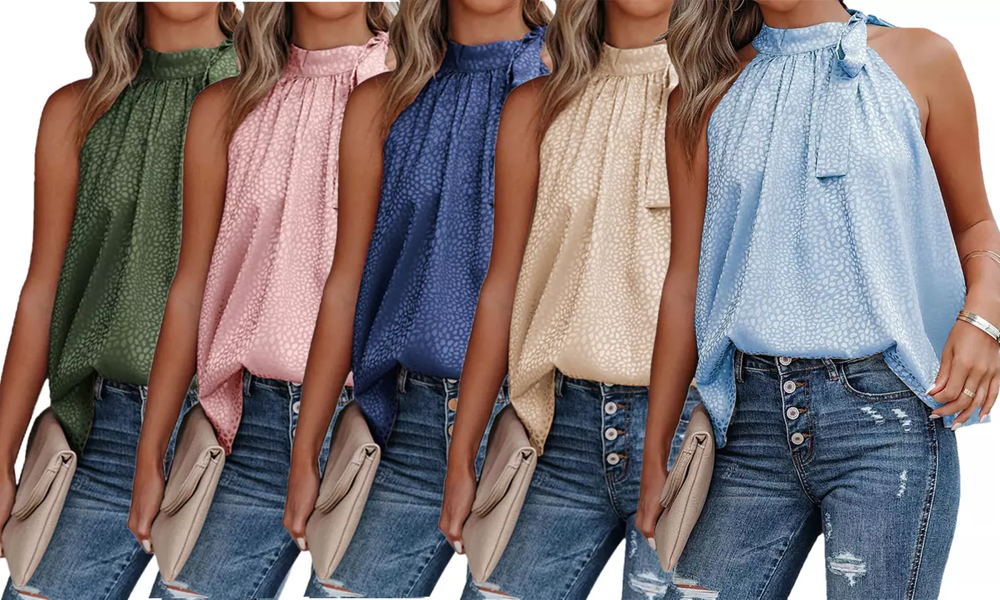 LESIES Women's Sleeveless Tie Mock Neck Summer Tops Loose Halter Tank Top - Primary Image