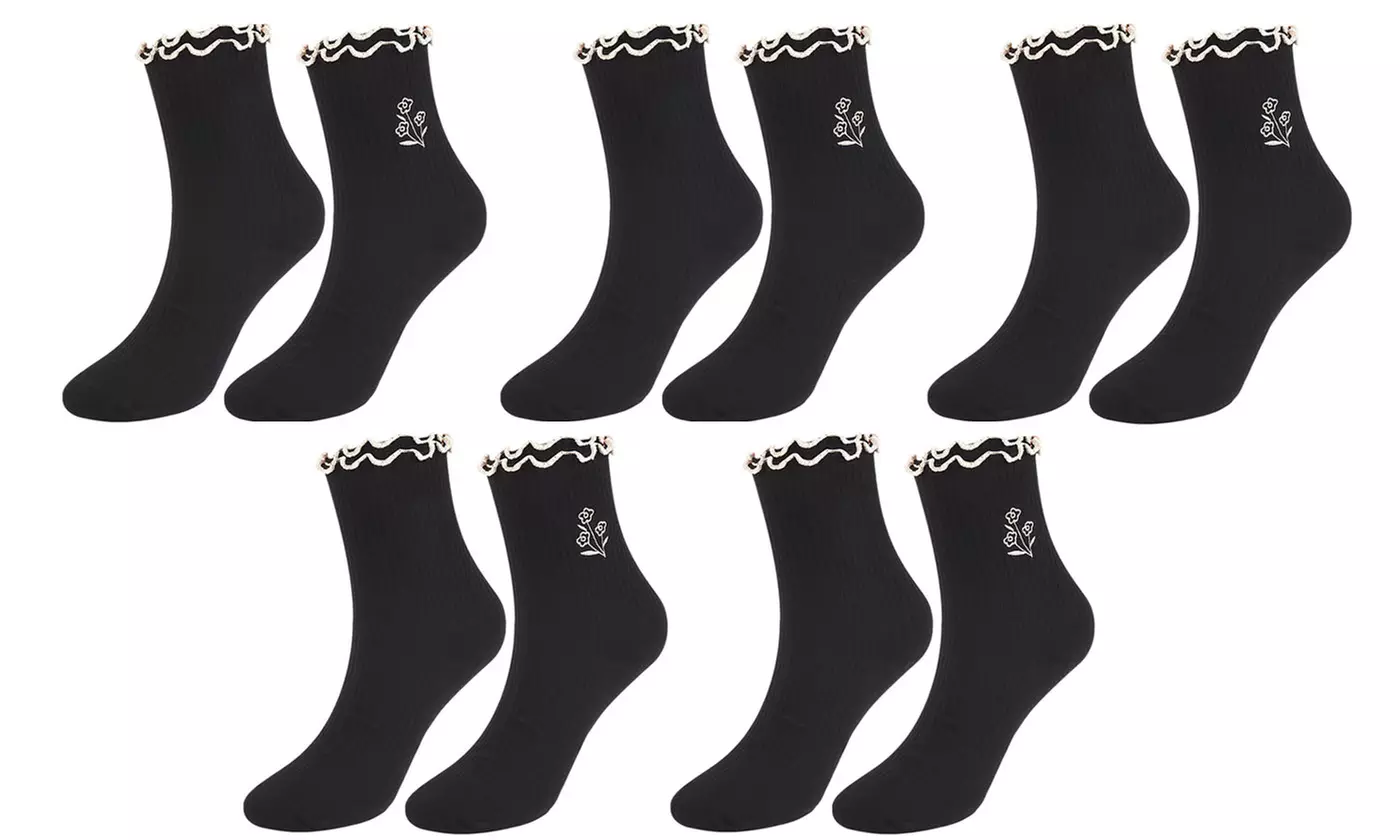 Womens Breathable Cotton Knit Ruffle Turn-Cuff Casual Ankle Socks(5 Packs)