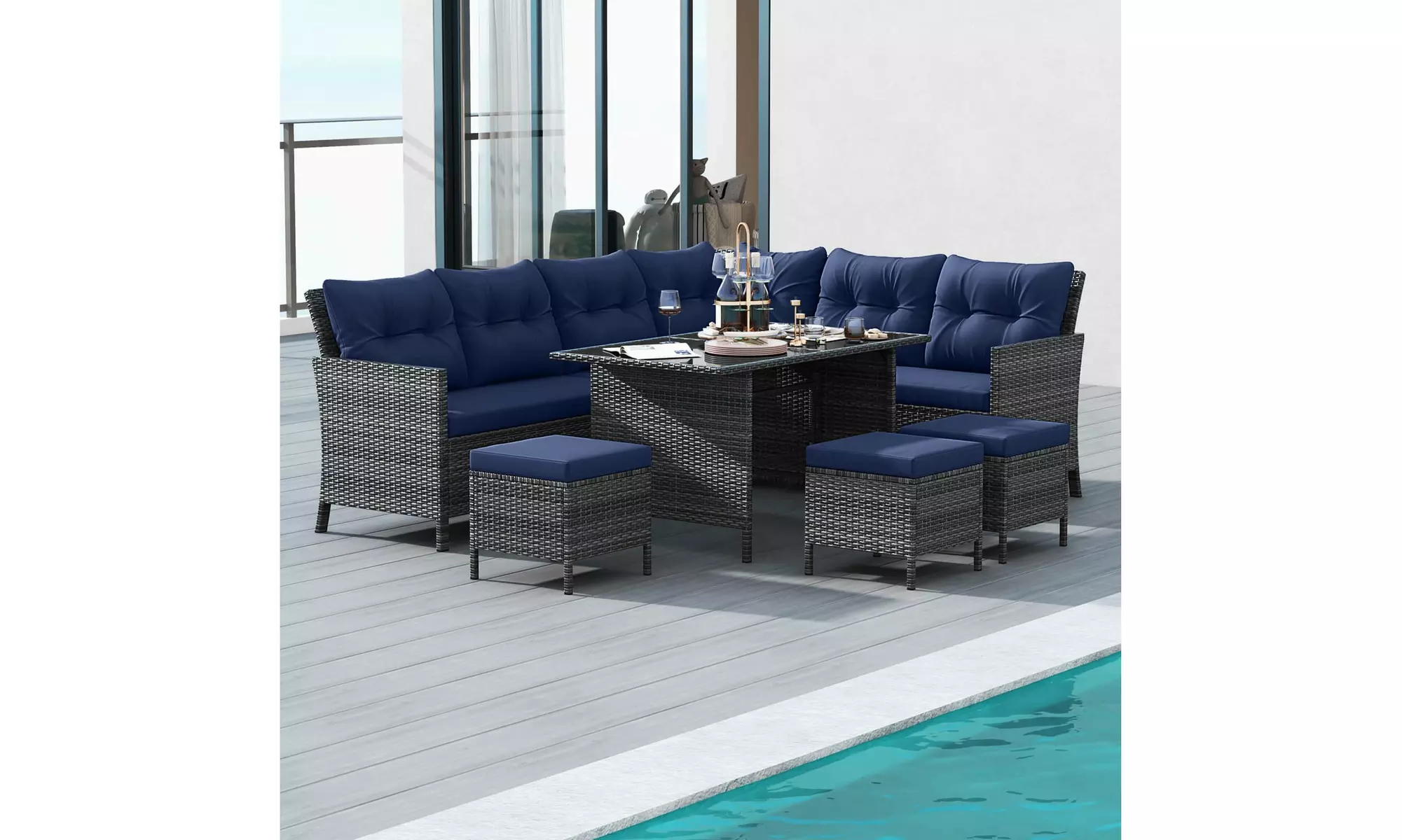 Costway 7-Piece PE Rattan Patio Dining and Sectional Sofa Set
