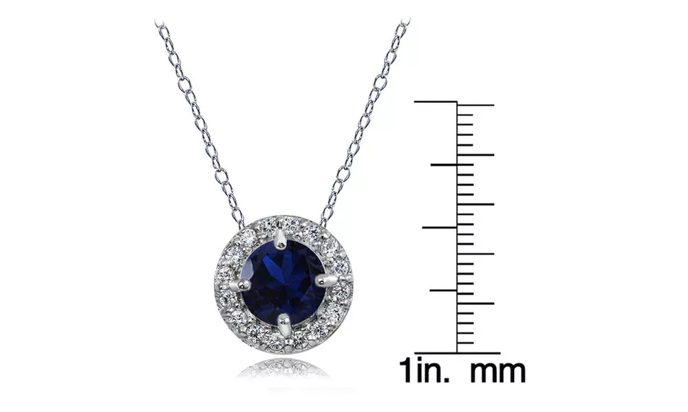 Blue Sapphire & White Topaz Round Halo Slide Pendant Necklace in Sterling Silver