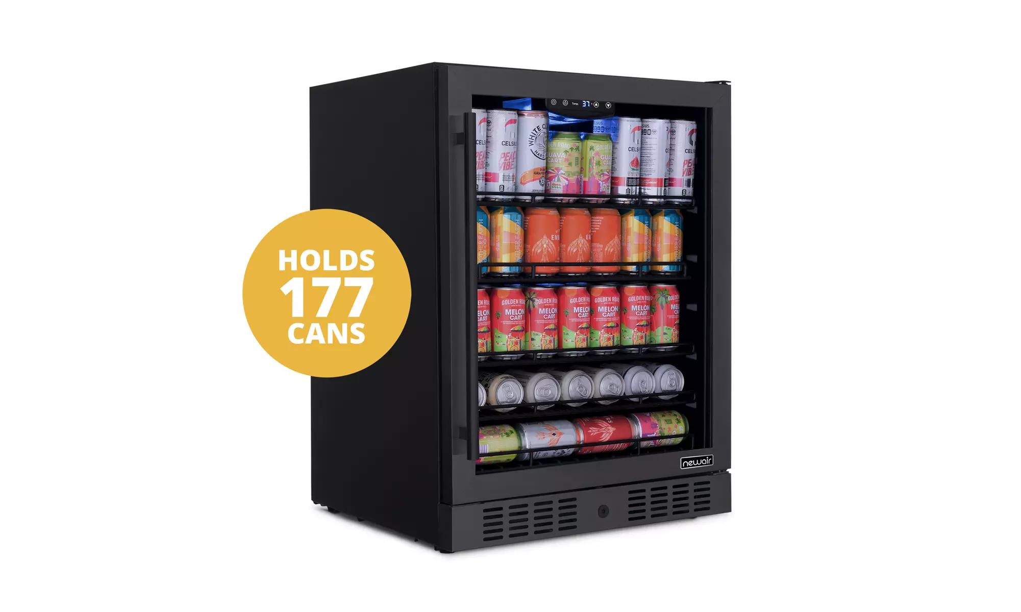 Newair 24" 177 Can Beverage Refrigerator Cooler in Black Stainless Steel