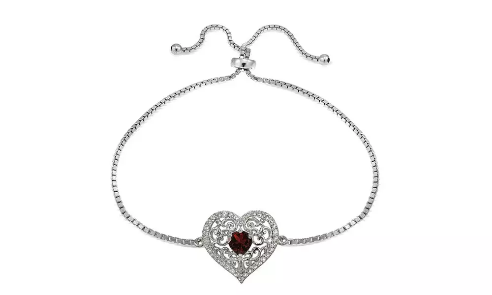 Sterling Silver Garnet and White Topaz Filigree Heart Adjustable Bracelet