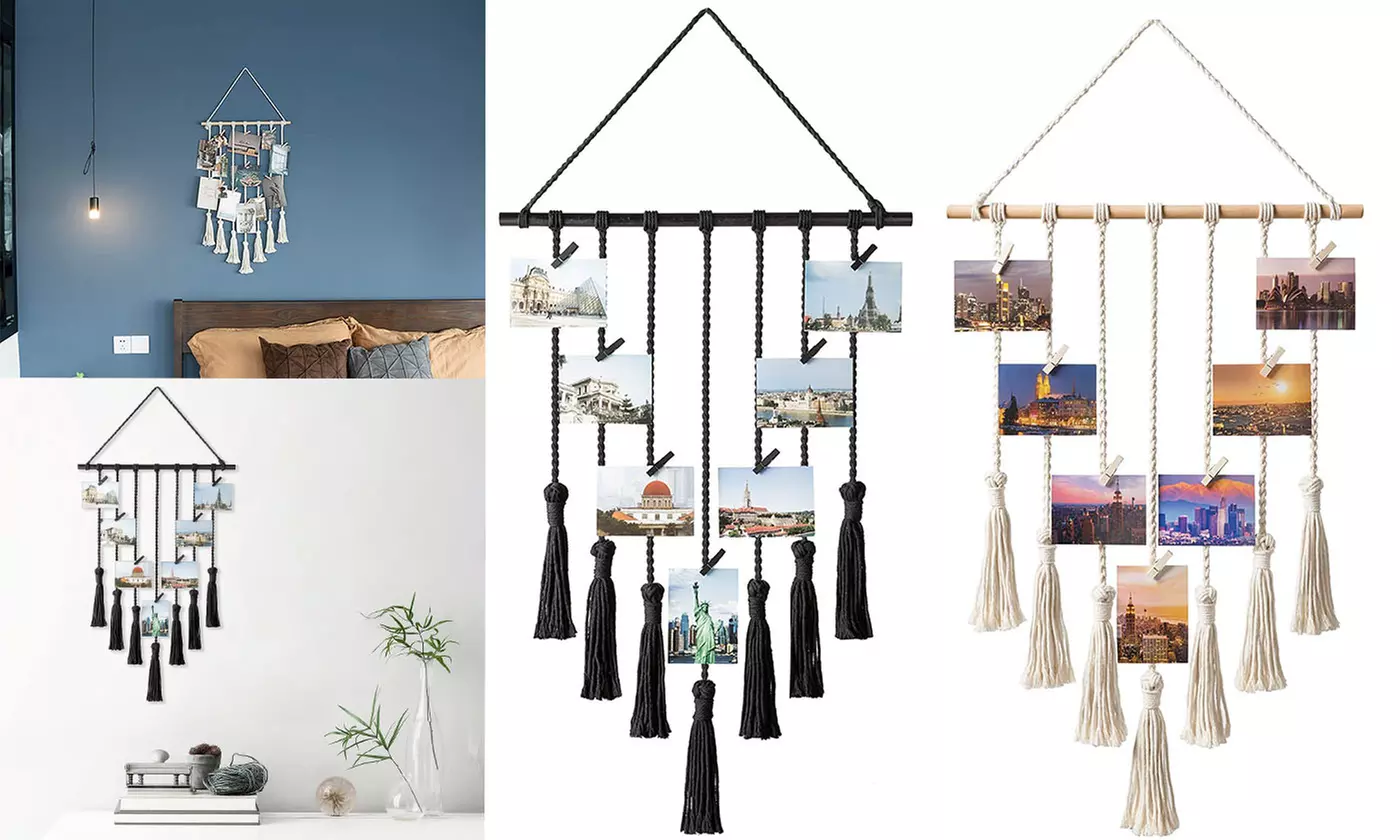 Macrame Wall Hanging Photo Display Holder Picture Frames Collage Board - Primary Image