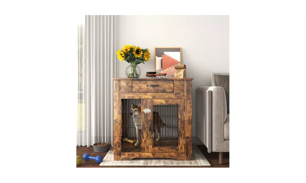 Furniture Style Dog Crate End Table with Drawer, Pet Kennels with Double Doors - Primary Image