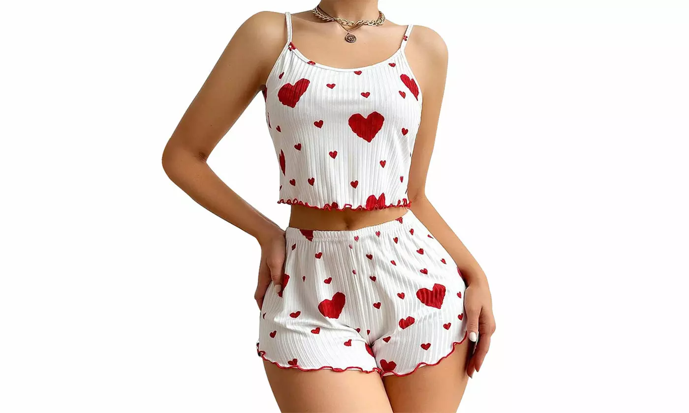 Women Cute Heart Printed Cami Top and Shorts Pajama Sets