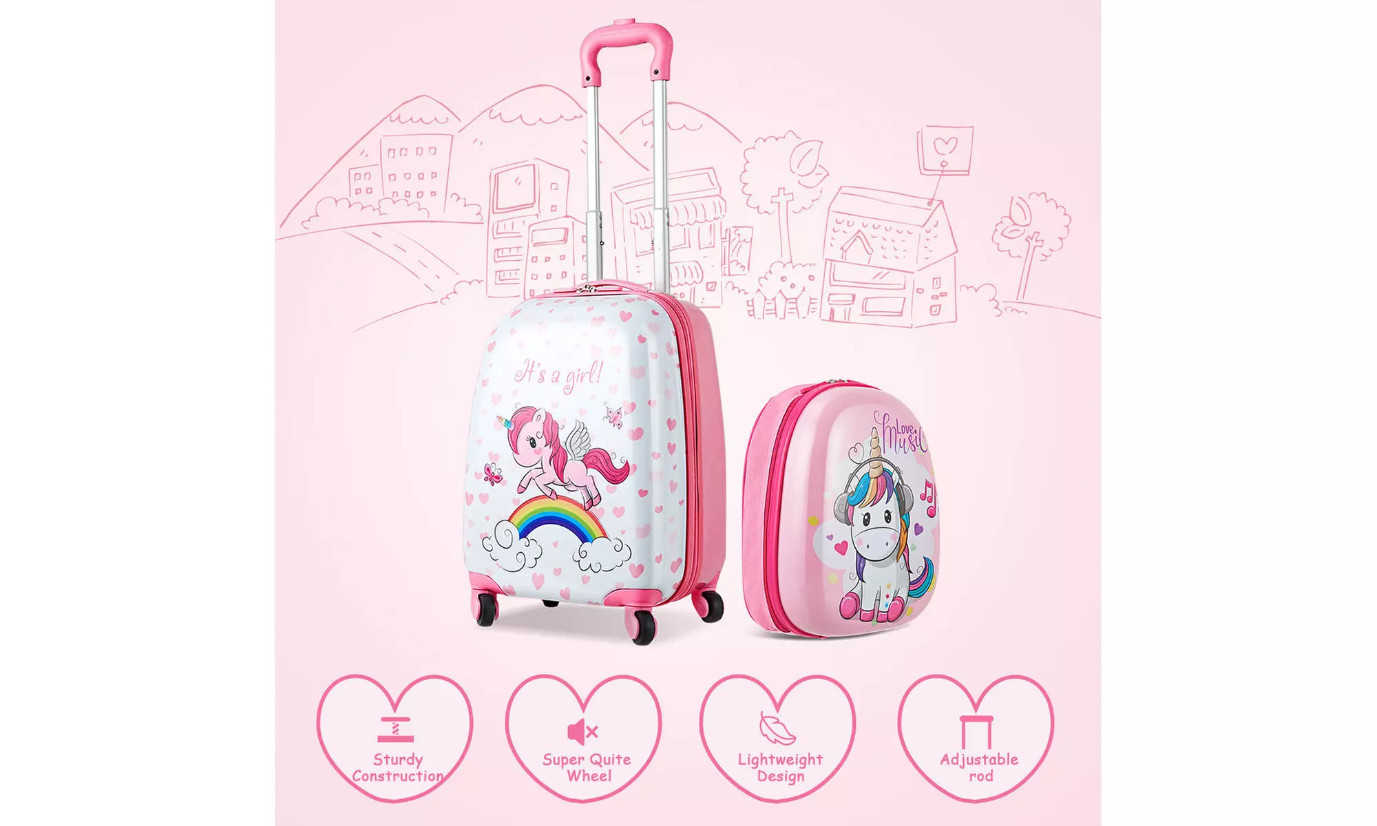 Costway 2PC Kids Luggage Set 12'' Backpack & 16'' Rolling Suitcase Horse