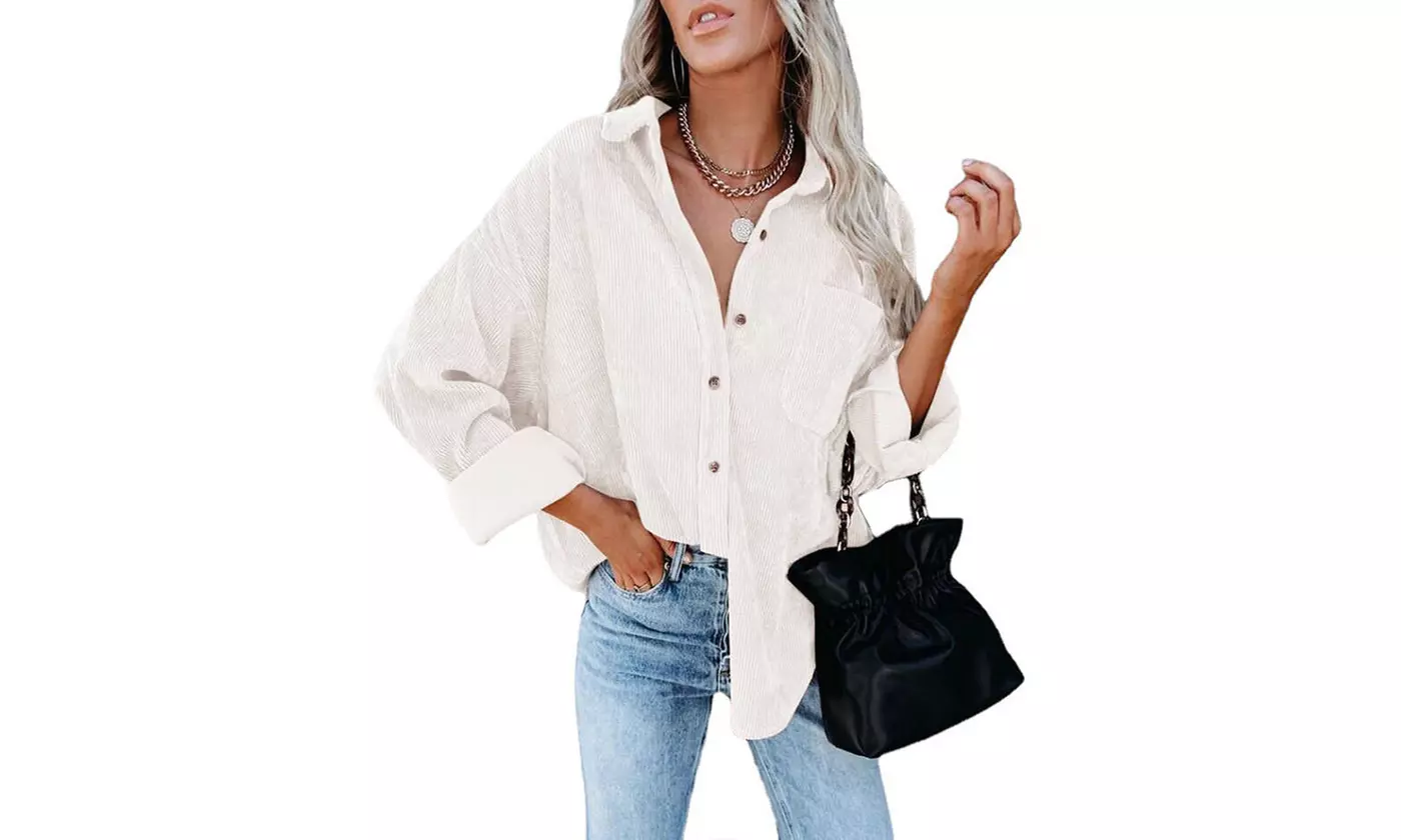 Women Loose Casual Corduroy Button Down Shirts Long Sleeve Blouses Tops