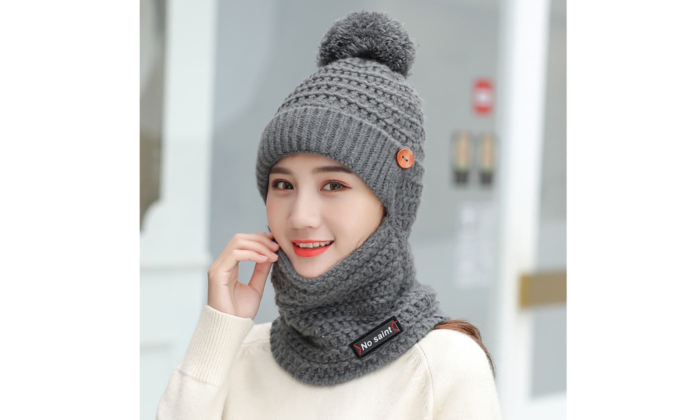 Women Knit Scarf Hat Set Winter Warm Solid Pom Soft Venonat Beanie Caps Scarves