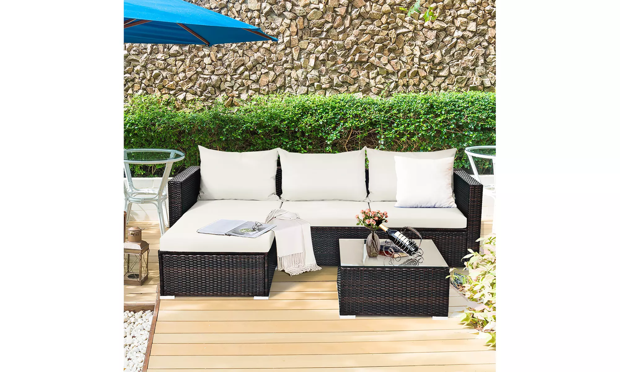 5PCS Patio Rattan Furniture Set Sectional Conversation Sofa w/ Coffee Table - Primary Image