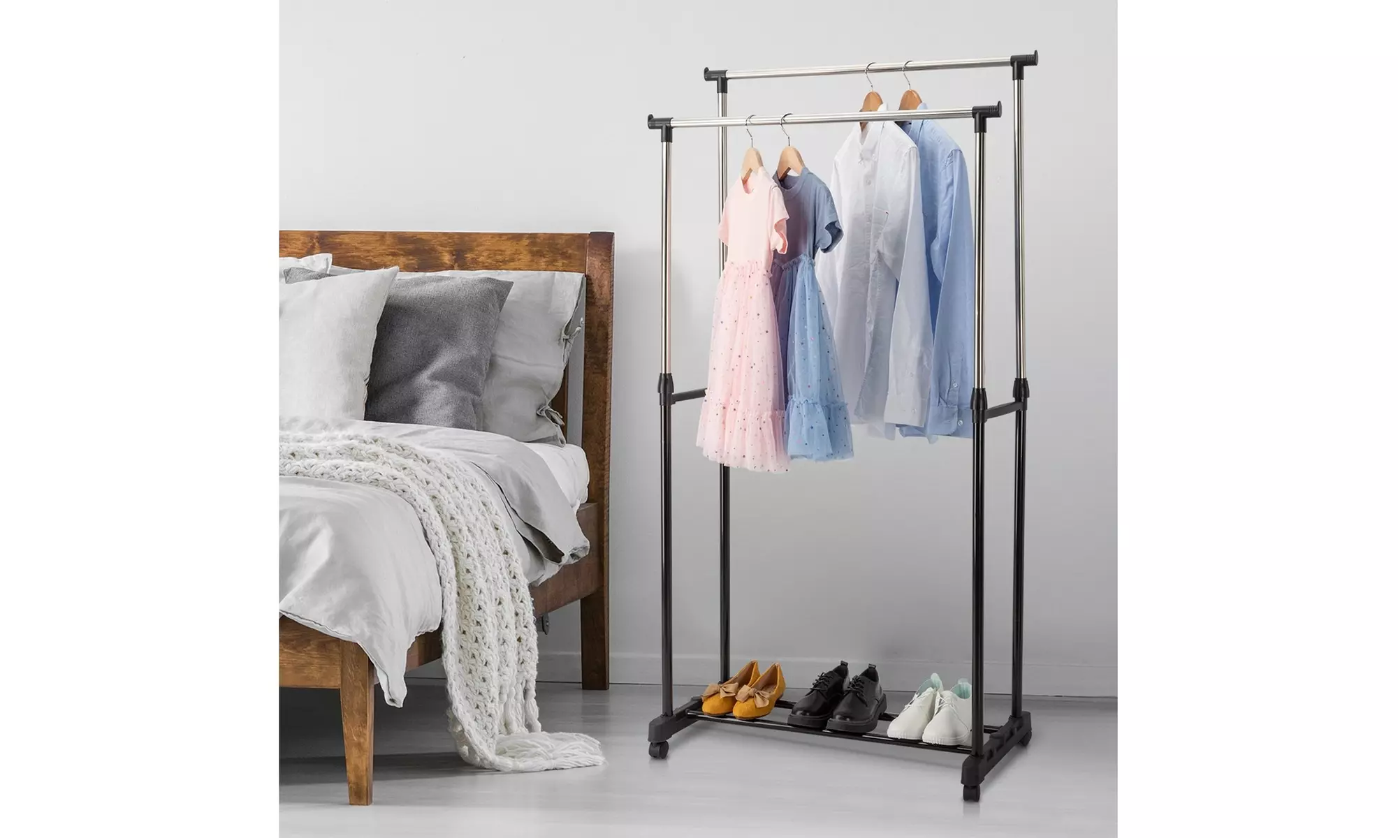 Single/Double Rail Stretching Stand Clothes Rack with Shoe Shelf