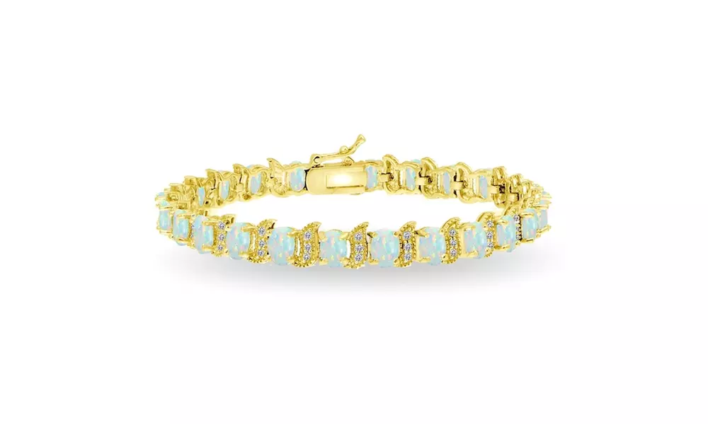 Gold Flash Sterling Silver Synthetic White Opal & Topaz Oval & S Tennis Bracelet