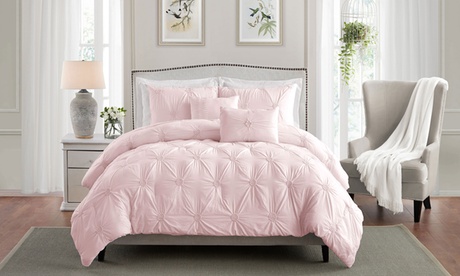 Cathay Home 3-Piece Down Alternative Floral Pintuck Comforter Set Blush Twin/Twin XL Down Alternative