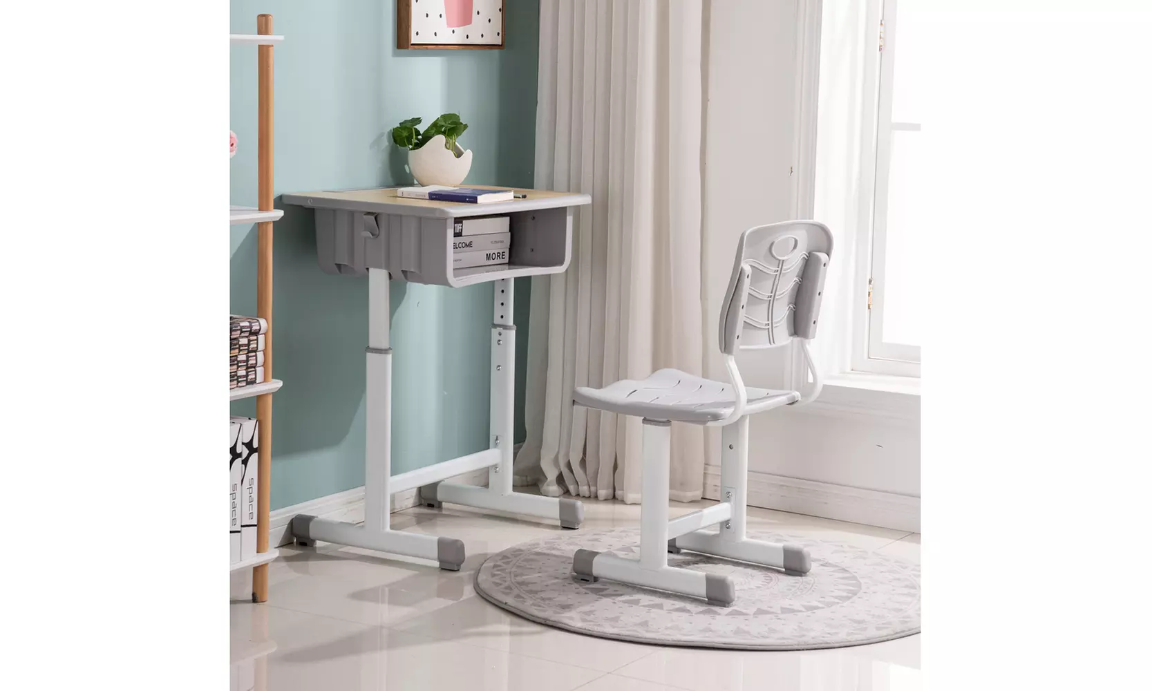 Adjustable Students Children Desk and Chairs Set Light Grey