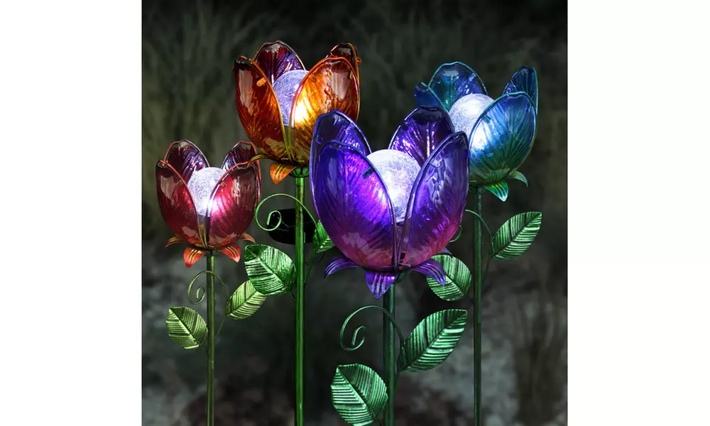 Solar-Powered Glass Flower Garden Stake - Primary Image